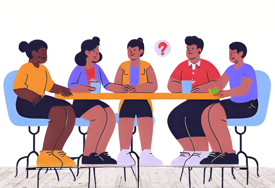 cartoon graphic of a meeting taking place at a table